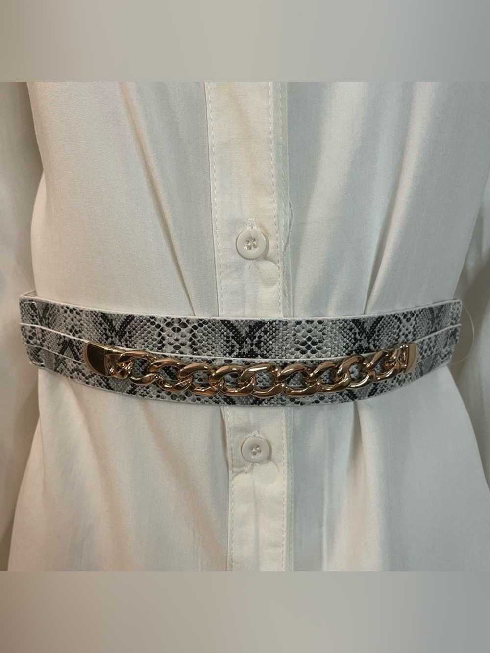 White faux leather snake print elastic waistband chained skinny belt